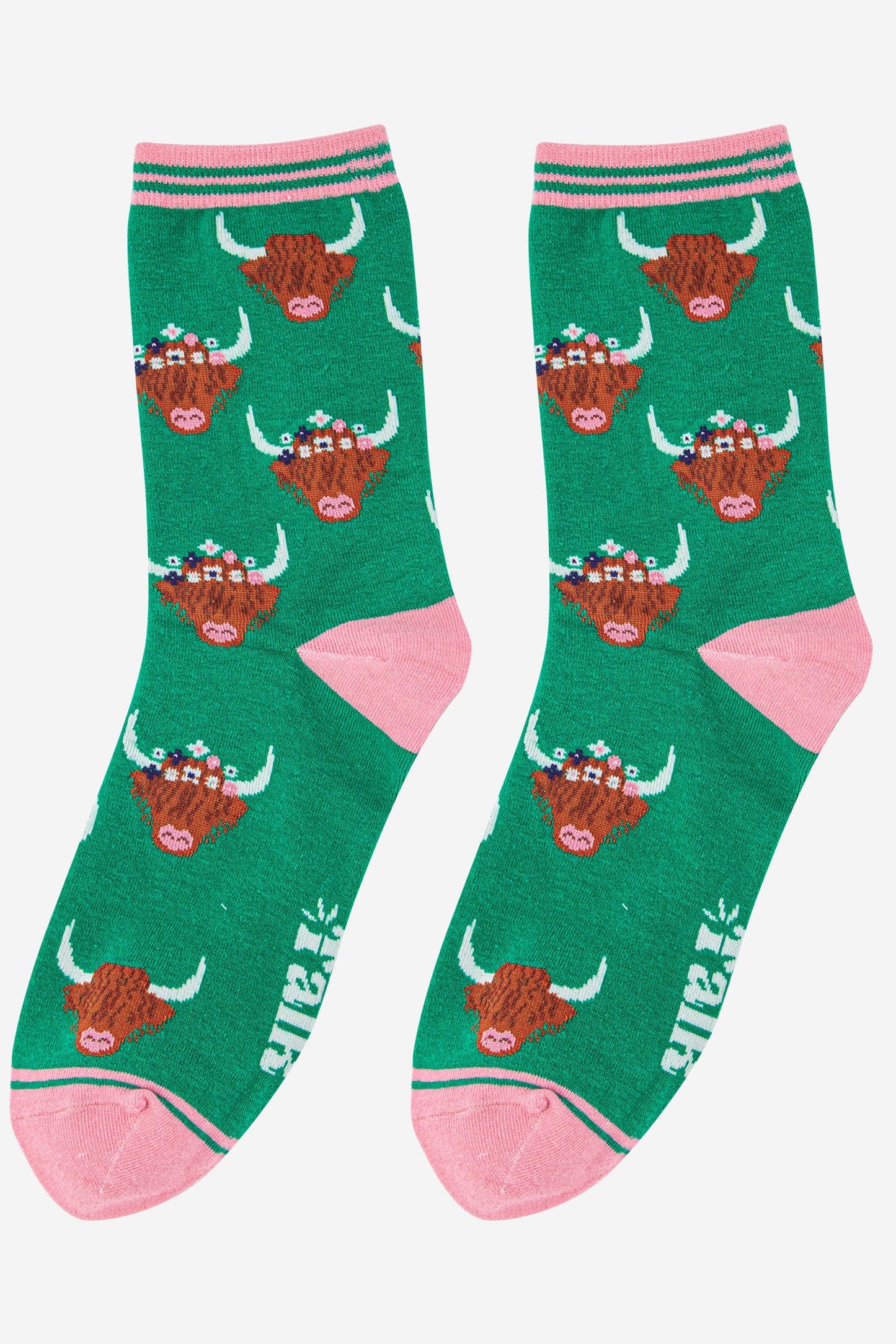 Women's Highland Cow With Floral Crown Bamboo Socks in Green: UK 3-7 | EU 36-40