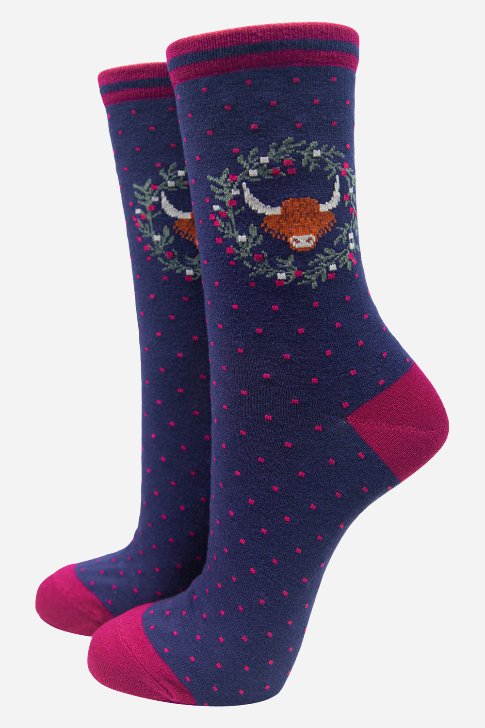 Women's Highland Cow in Wreath Print Bamboo Socks in Navy Blue: UK 3-7 | EU 36-40 | US 5-9