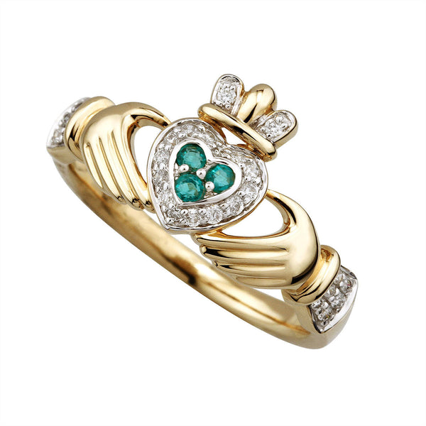14K Gold Diamond & Emerald Claddagh Ring