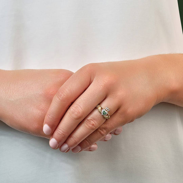 14K Gold Diamond & Emerald Claddagh Ring
