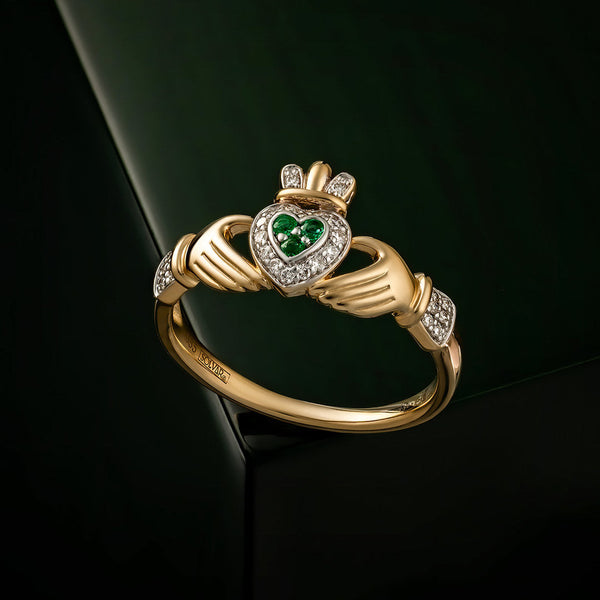 14K Gold Diamond & Emerald Claddagh Ring