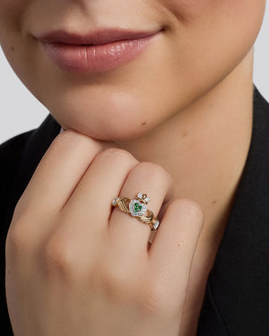 14K Gold Diamond & Emerald Claddagh Ring