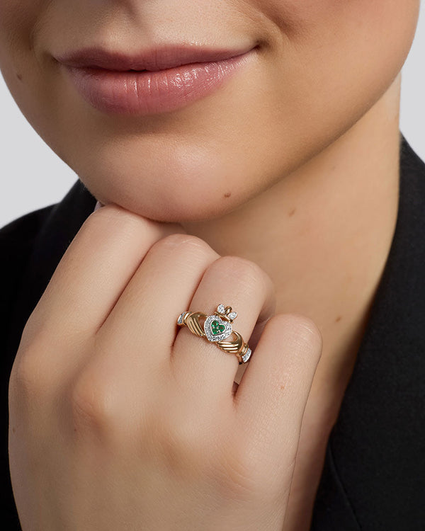 14K Gold Diamond & Emerald Claddagh Ring