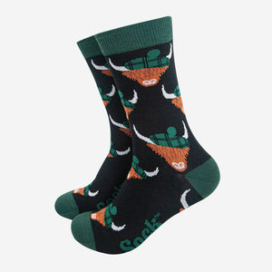 Men's Bamboo Socks - Black/Forest Green, Highland Cow: UK 7-11 | EU 40.5 -46 | US 8-12