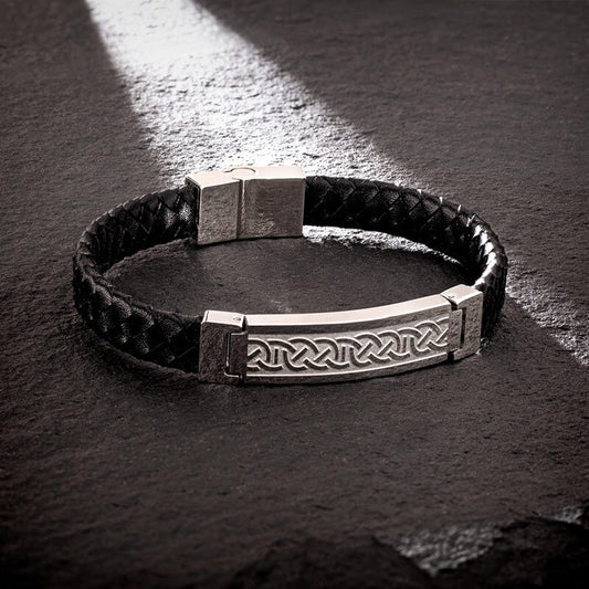 S50147 Men's Celtic Stainless Steel Black Leather Bracelet