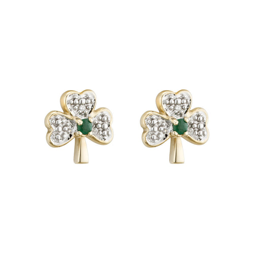 S3975 14K Gold Diamond & Emerald Shamrock Earrings