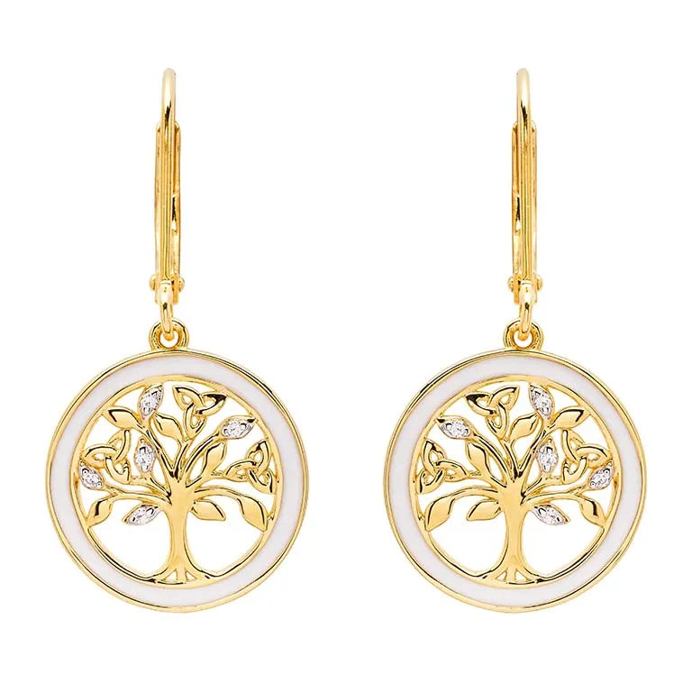 Gold Vermeil Tree of Life Earrings w/ Enamel and Cubic Zirconia