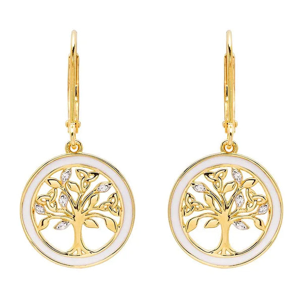 Gold Vermeil Tree of Life Earrings w/ Enamel and Cubic Zirconia
