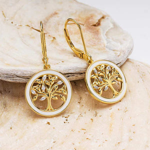 Gold Vermeil Tree of Life Earrings w/ Enamel and Cubic Zirconia
