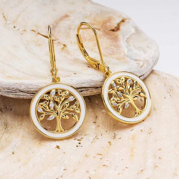 Gold Vermeil Tree of Life Earrings w/ Enamel and Cubic Zirconia