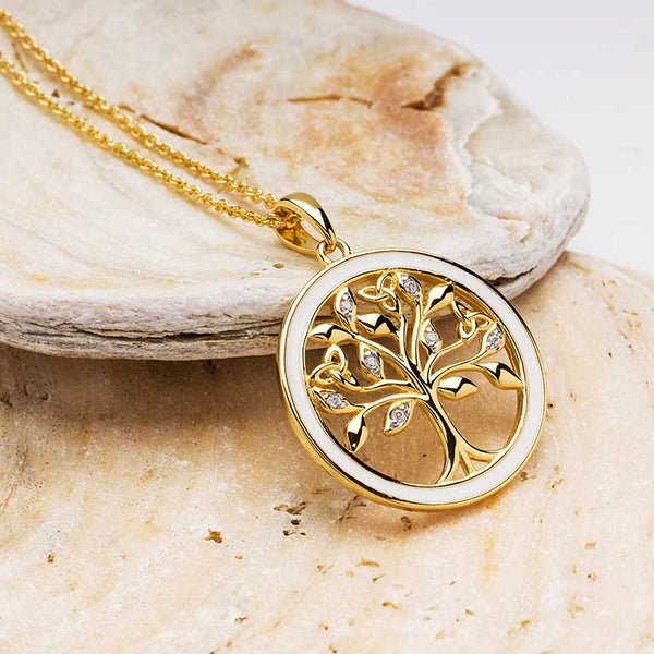 Gold Vermeil Tree of Life Necklace w/ Enamel and Cubic Zirconia