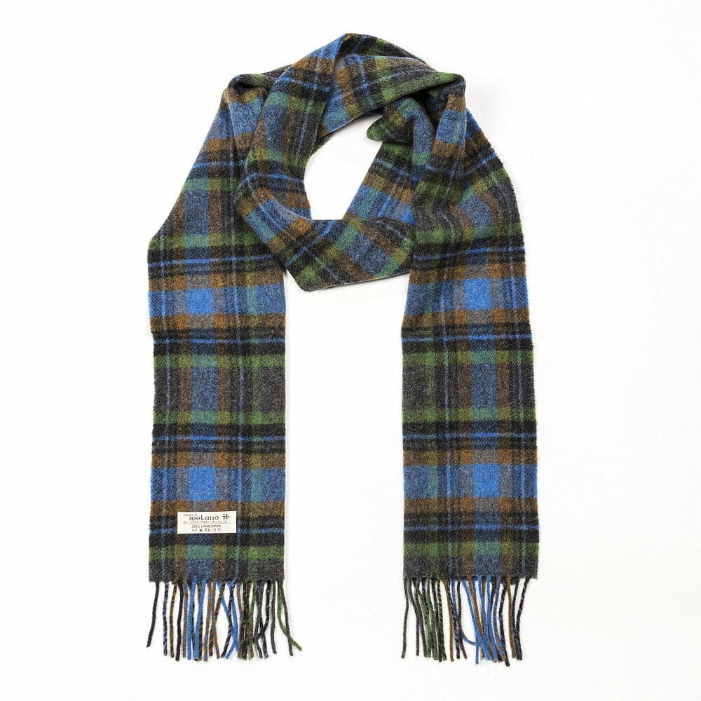 100% Irish Lambswool Long Scarf - Blue, Green & Burnt Orange Plaid