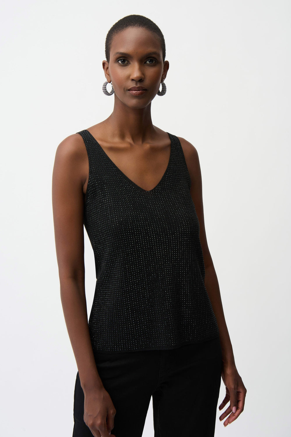 Metallic Knitted Camisole with Rhinestones - Black