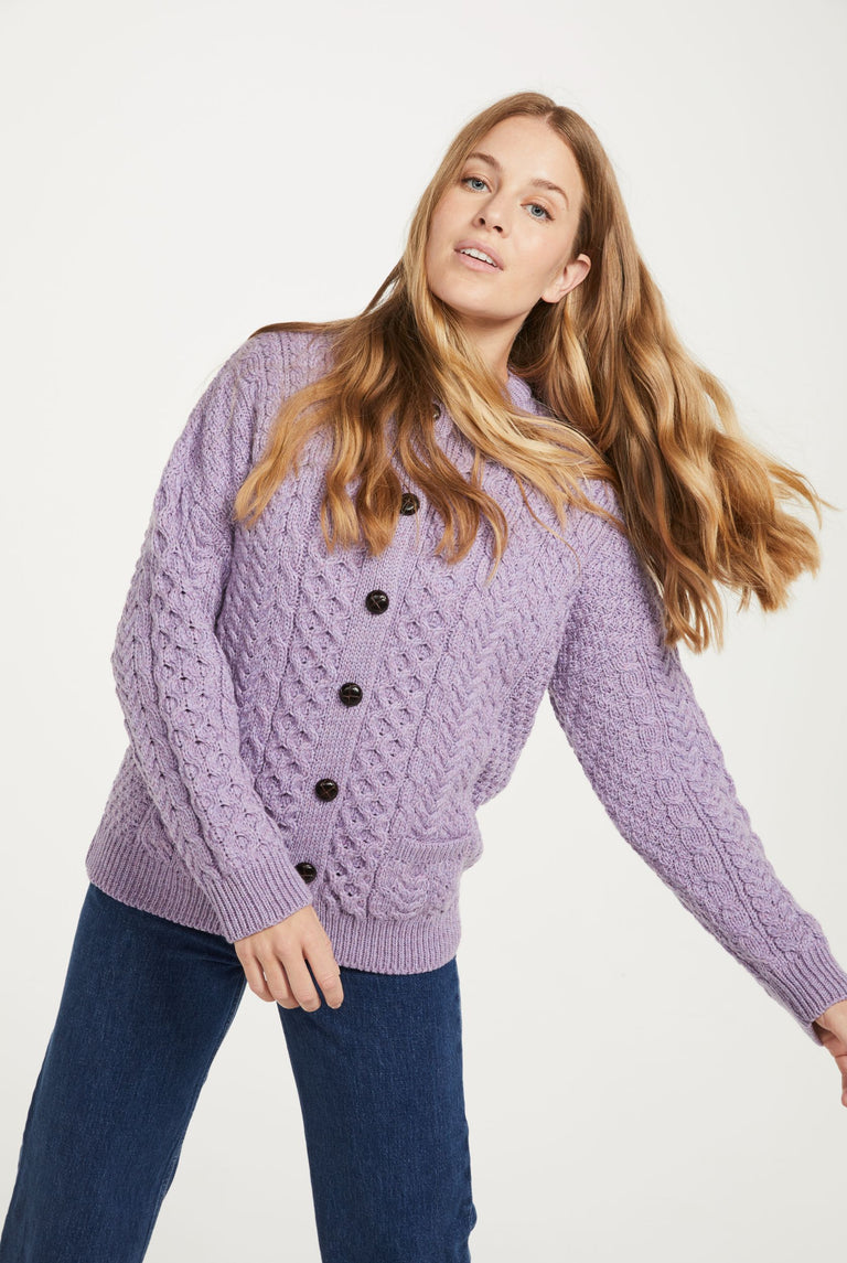 Achill Island Ladies Aran Cardigan - Lavender