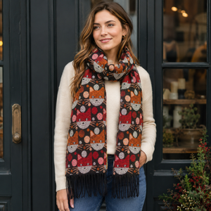 Scarf with Comical Cats Motif - 2 Red/Orange