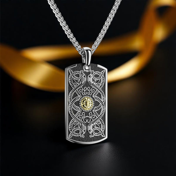 Celtic Warrior Tag Pendant With 18k Bead Oxidised Silver - 24" Oxidized Box Chain