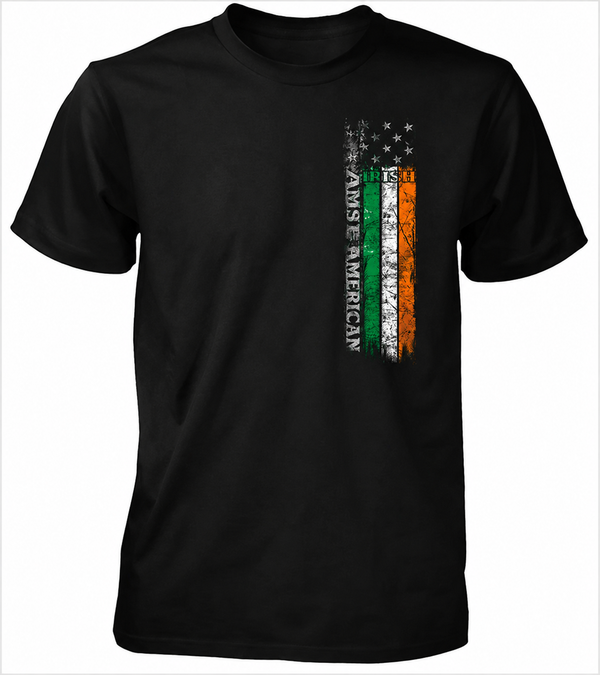 A black short-sleeve crewneck t-shirt featuring a distressed vertical graphic on the left chest. The graphic combines the American flag with the Irish tricolor and the text 'AN AMERICAN IS AN AMERICAN' running vertically.