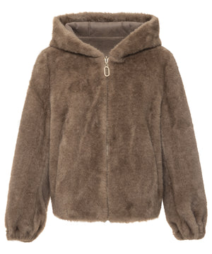 Faux Fur Reversible Hooded Jacket - Camel