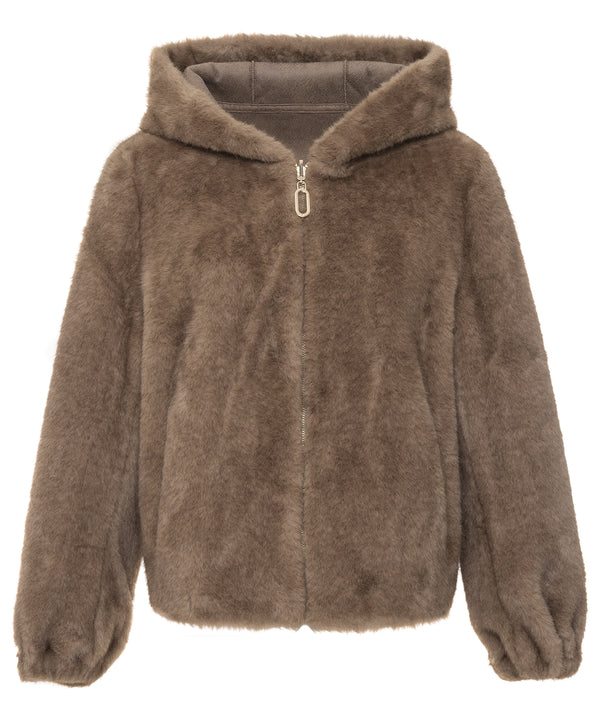 Faux Fur Reversible Hooded Jacket - Camel