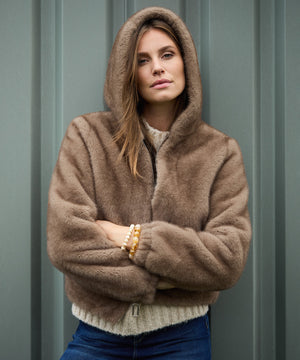 Faux Fur Reversible Hooded Jacket - Camel