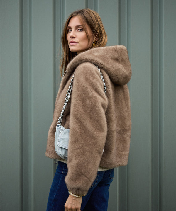 Faux Fur Reversible Hooded Jacket - Camel