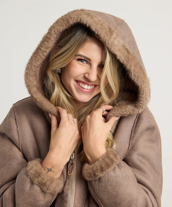 Faux Fur Reversible Hooded Jacket - Camel