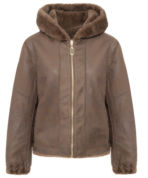 Faux Fur Reversible Hooded Jacket - Camel