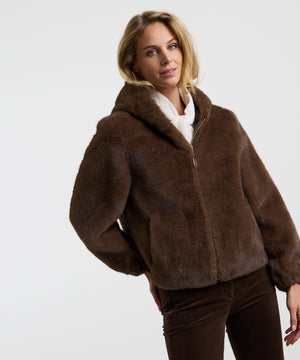Faux Fur Reversible Hooded Jacket - Brown
