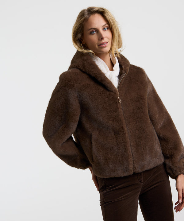 Faux Fur Reversible Hooded Jacket - Brown