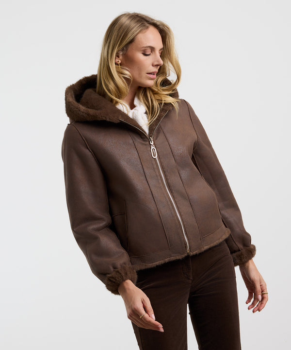 Faux Fur Reversible Hooded Jacket - Brown