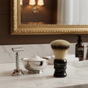 Mistral shave brush with packaging on a white background