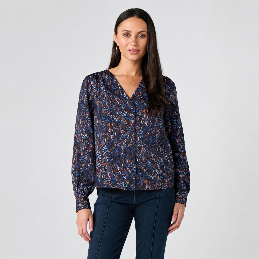Sateen Long Sleeve Woven Blouse w/ Neck Tie