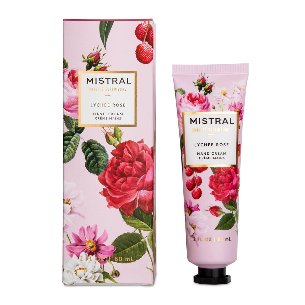 Mistral Lychee Rose hand cream with floral packaging on a white background