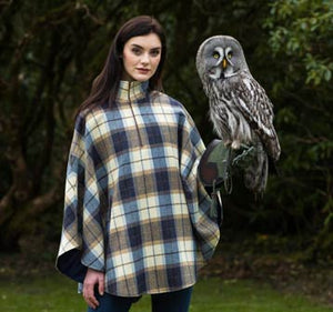 Half-Zip Tweed Poncho - Denim & Cream