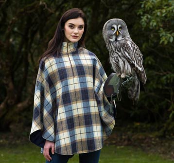 Half-Zip Tweed Poncho - Denim & Cream
