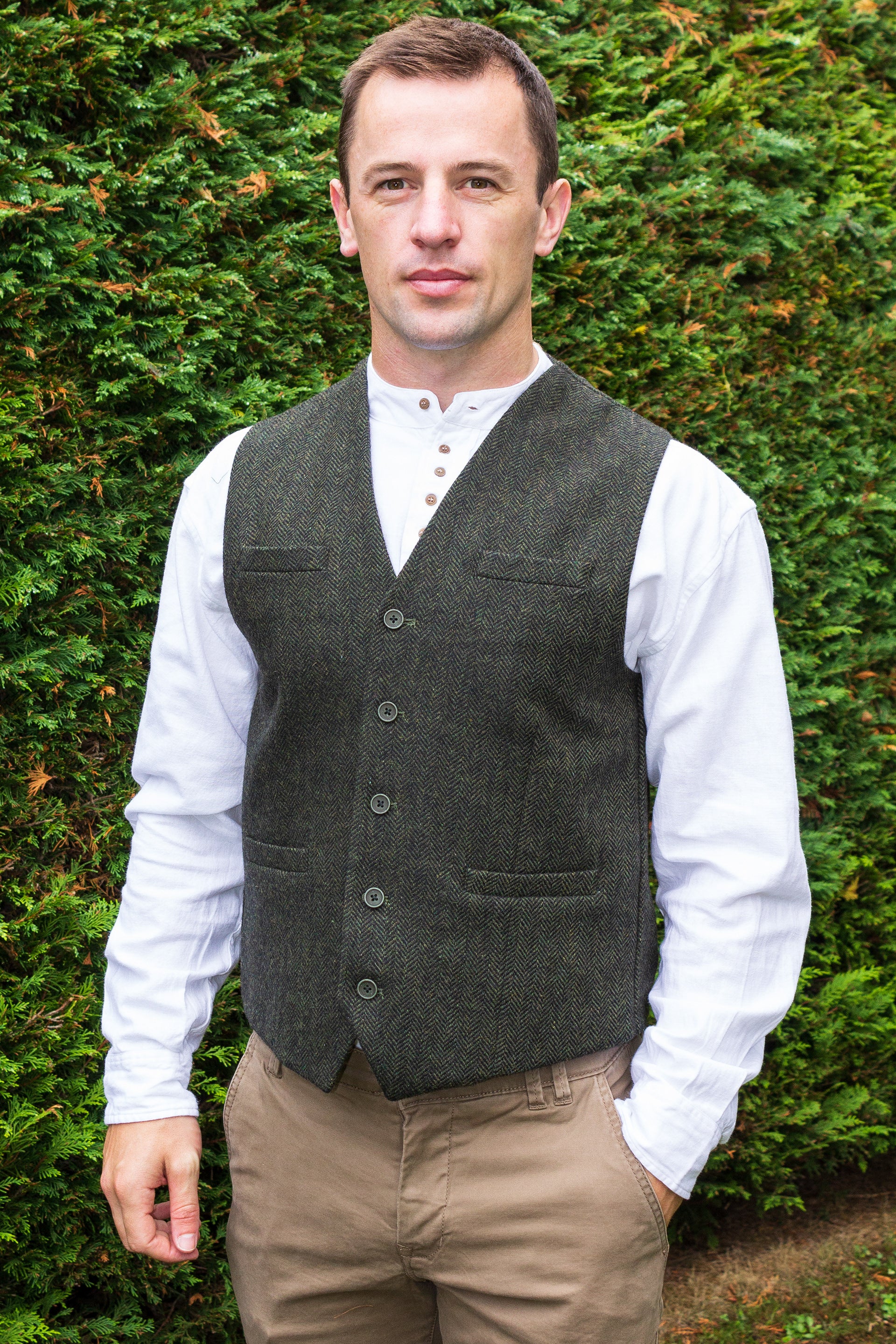 Men's Tweed Waistcoat - Olive Green