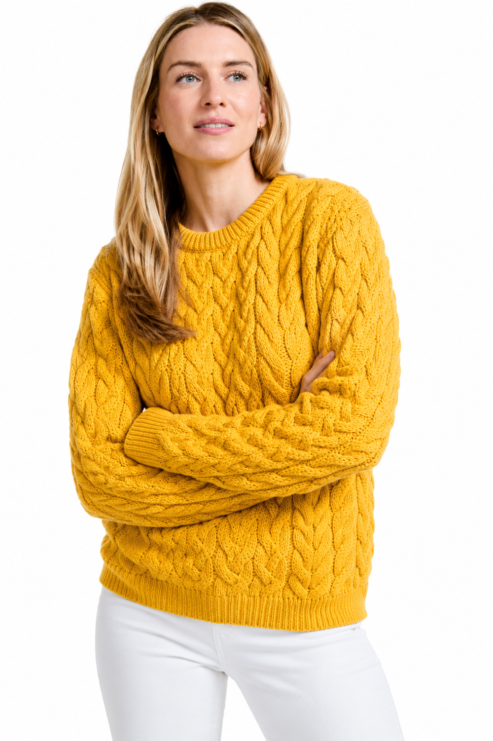 Omey Ladies Cable & Weave Aran Crew - Sunshine