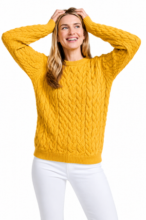 Omey Unisex Cable & Weave Aran Crew - Sunshine