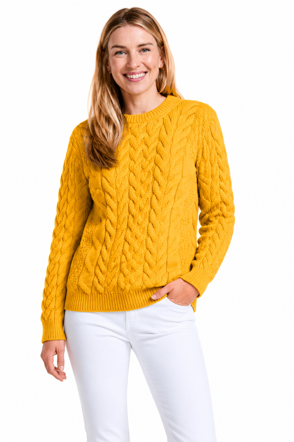 Omey Unisex Cable & Weave Aran Crew - Sunshine