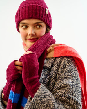 Avoca Lambswool Fingerless Mittens - Bordeaux & Neon Orange