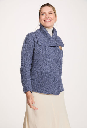 Céide Ladies Merino Aran Cardigan - Denim Blue