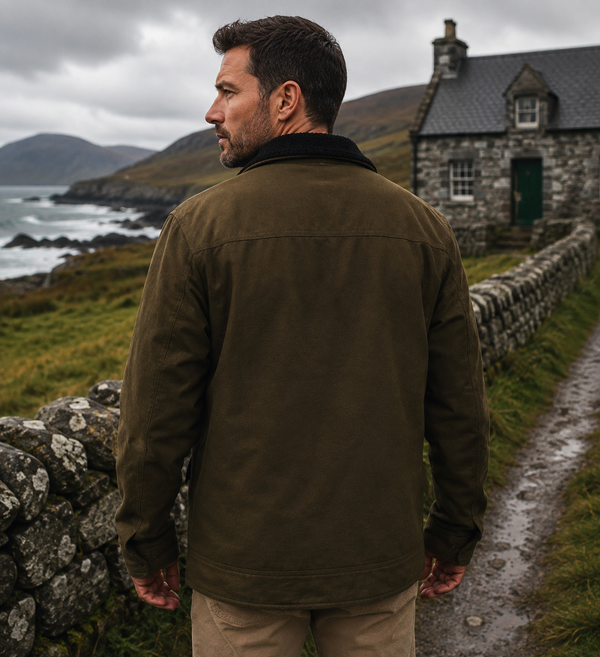 A man wearing an olive green corduroy jacket stands on a stone path in a coastal village, looking out towards the sea and a stone cottage.