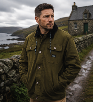 A man wearing an olive green Barbour overshirt jacket with a black fleece collar, standing outdoors on a stone path with a stone wall, sea, and cottage in the background.