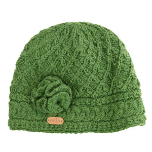 Aran Trellis Hat w/ Flower Pin - Green