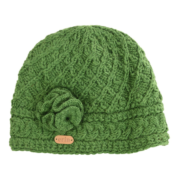 Aran Trellis Hat w/ Flower Pin - Green