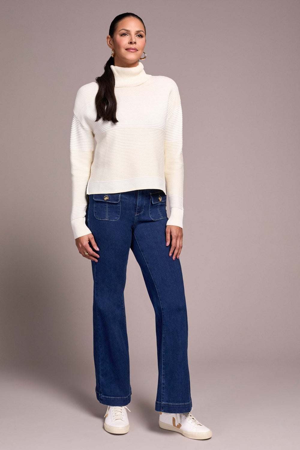 Two-Tone Turtleneck Hi-Low Sweater With Slits