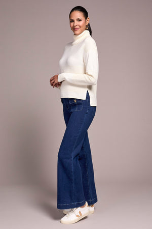 Two-Tone Turtleneck Hi-Low Sweater With Slits