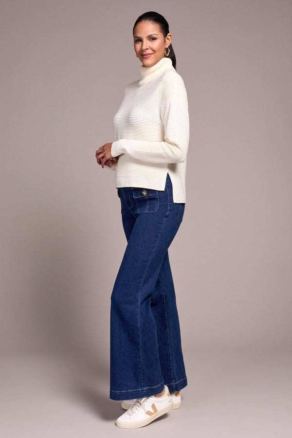 Two-Tone Turtleneck Hi-Low Sweater With Slits