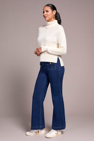 Two-Tone Turtleneck Hi-Low Sweater With Slits
