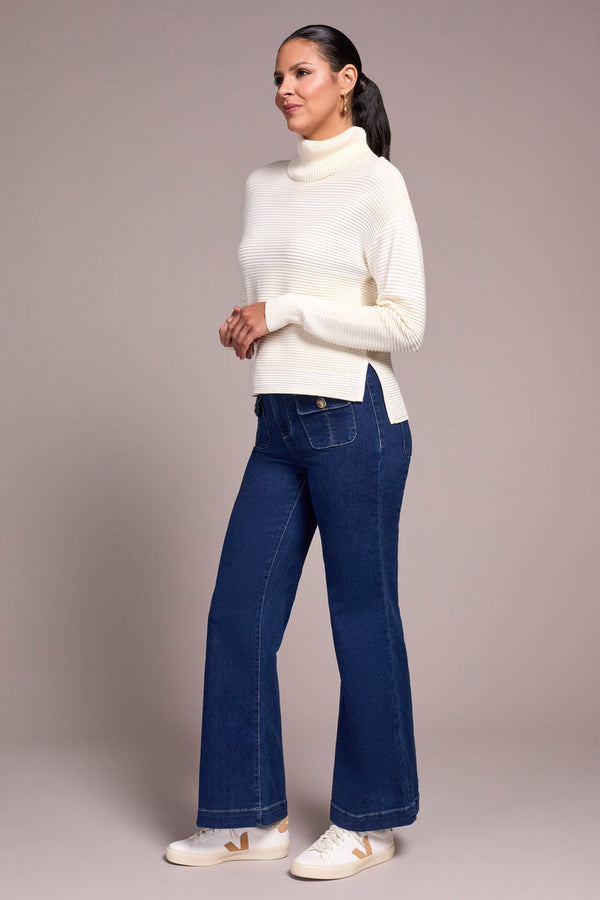 Two-Tone Turtleneck Hi-Low Sweater With Slits